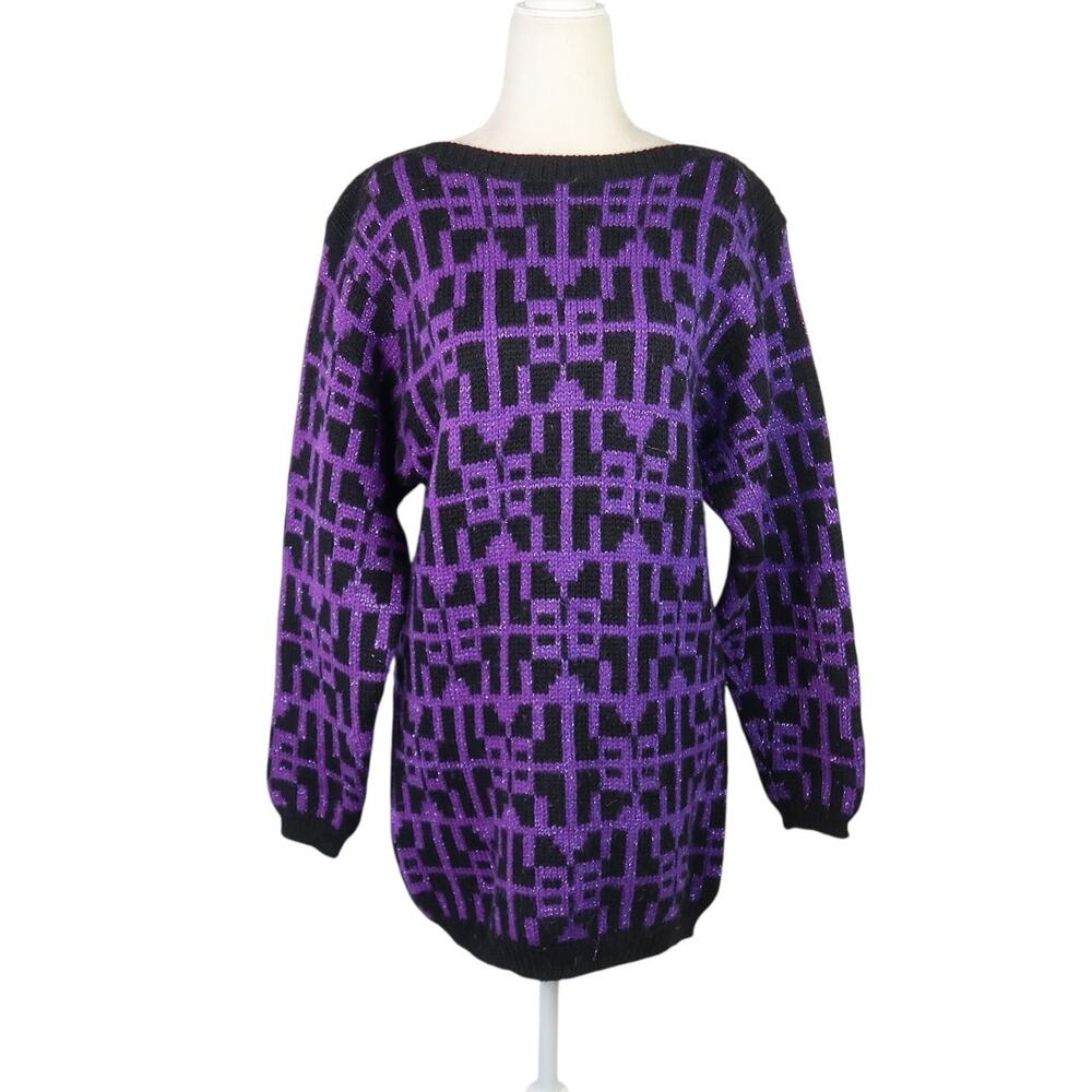 Vintage 80s Christian Dior Wool Sweater Purple Black Metallic Geometric L
